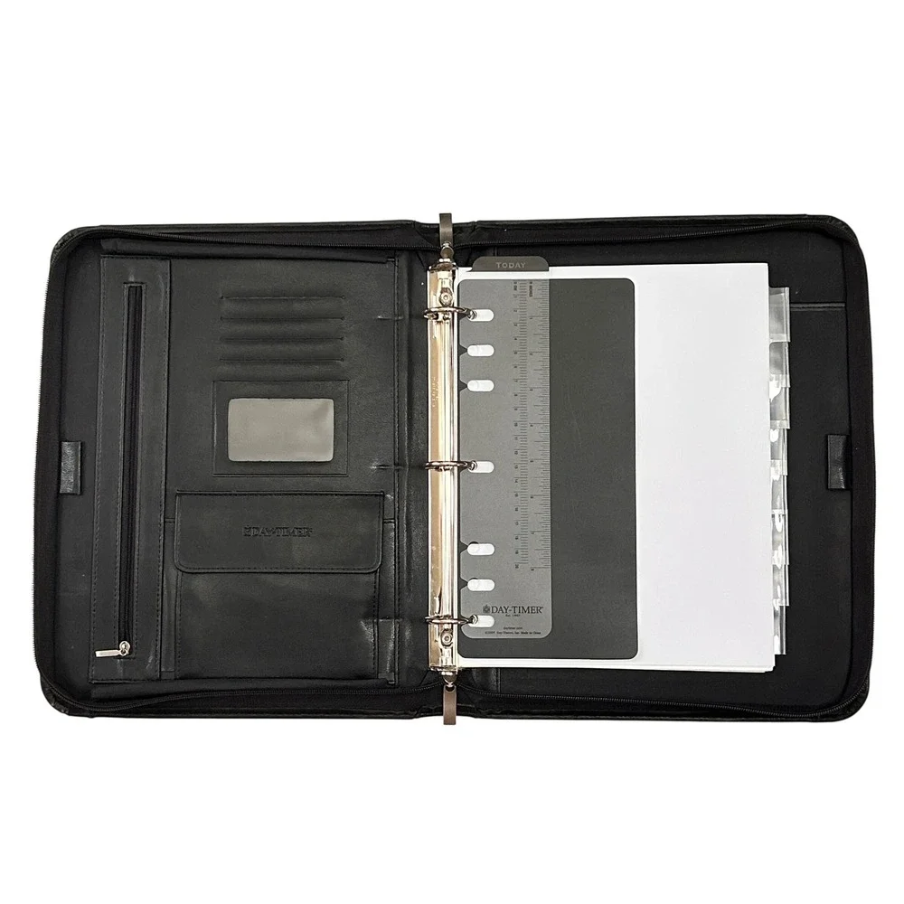 VTG 90s Day-Timer Leather 3 Ring Planner Folio Briefcase Hideaway‎ Handles Black